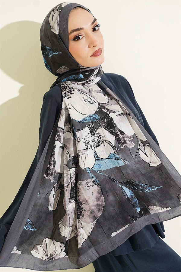Floral Patterned Liva Crash Modal Scarf, Smoke Grey