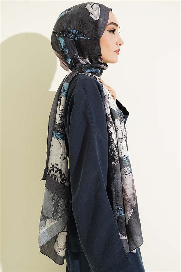 Floral Patterned Liva Crash Modal Scarf, Smoke Grey