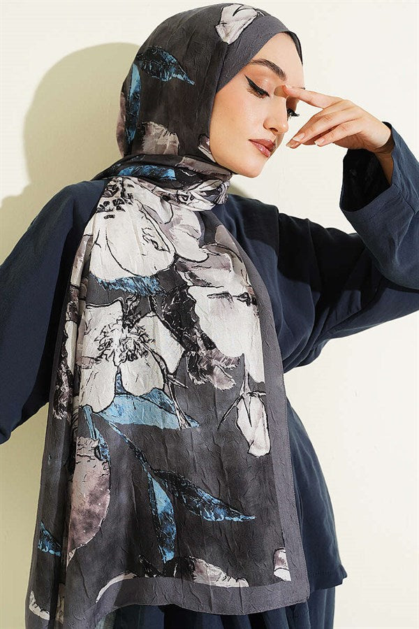Floral Patterned Liva Crash Modal Scarf, Smoke Grey