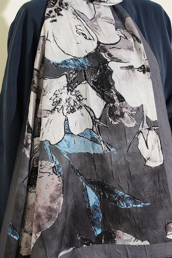 Floral Patterned Liva Crash Modal Scarf, Smoke Grey