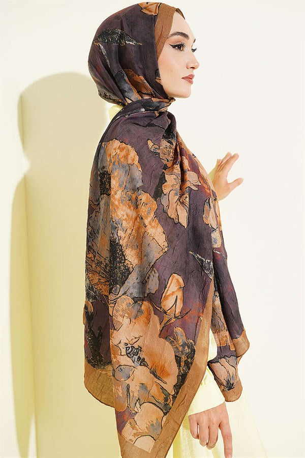 Floral Patterned Liva Crash Modal Scarf Mustard