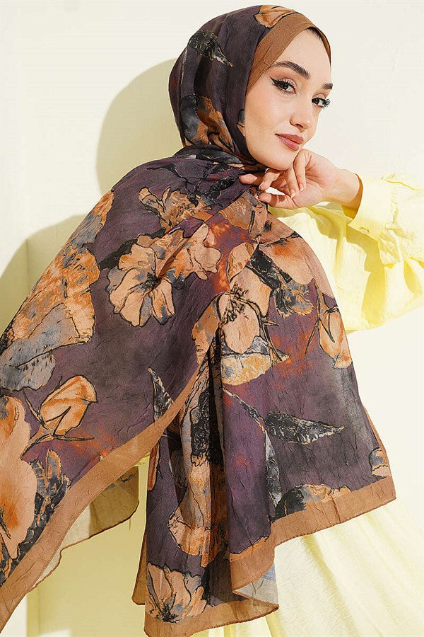 Floral Patterned Liva Crash Modal Scarf Mustard