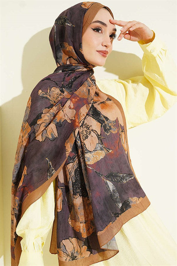 Floral Patterned Liva Crash Modal Scarf Mustard
