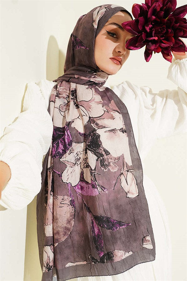 Floral Patterned Liva Crash Modal Scarf, Dark Mink