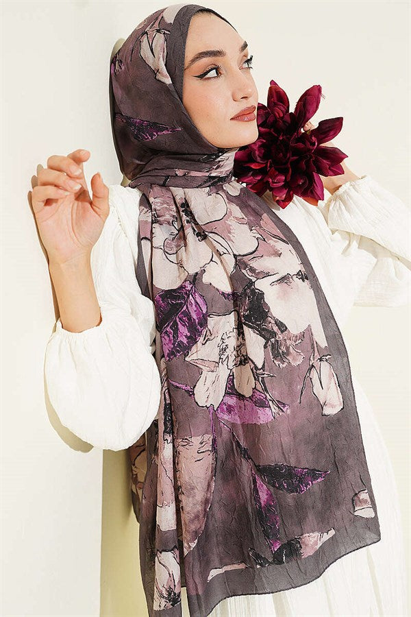 Floral Patterned Liva Crash Modal Scarf, Dark Mink