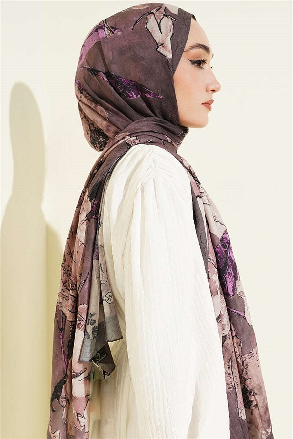 Floral Patterned Liva Crash Modal Scarf, Dark Mink