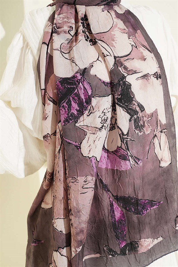 Floral Patterned Liva Crash Modal Scarf, Dark Mink