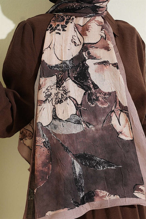 Floral Patterned Liva Crash Modal Scarf, Sand Beige