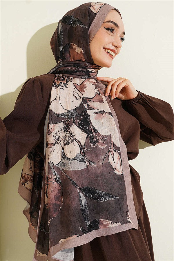 Floral Patterned Liva Crash Modal Scarf, Sand Beige