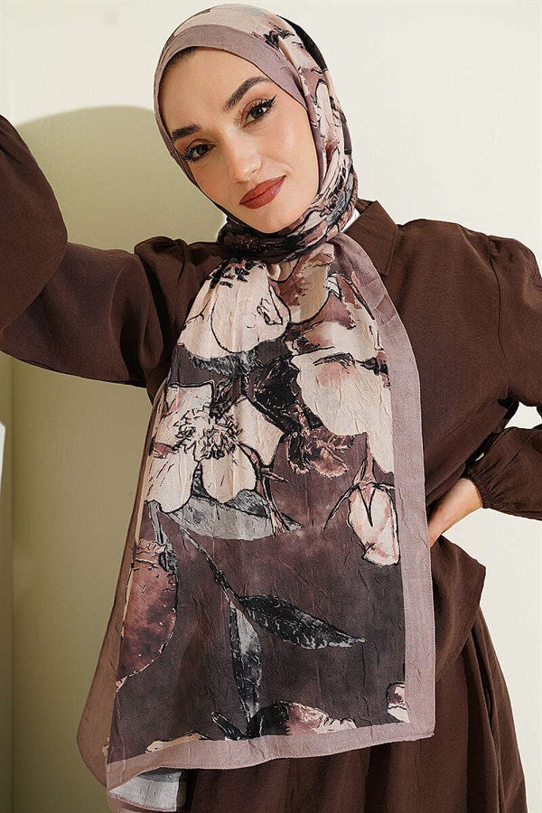 Floral Patterned Liva Crash Modal Scarf, Sand Beige