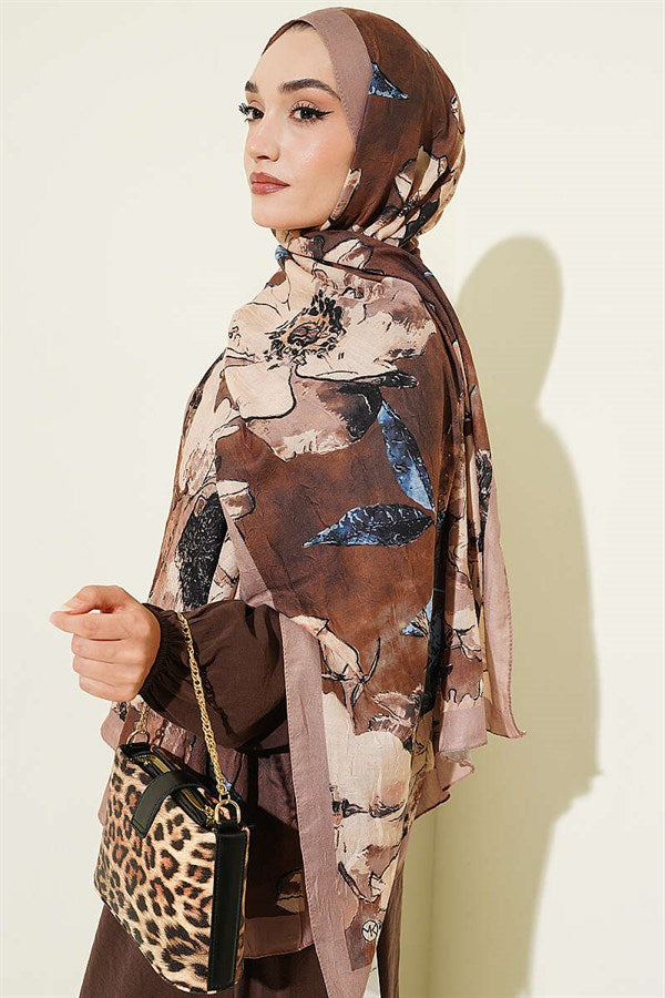 Floral Patterned Liva Crash Modal Scarf Latte