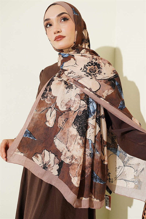 Floral Patterned Liva Crash Modal Scarf Latte