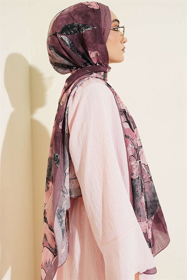 Floral Patterned Liva Crash Modal Scarf Soft Brown