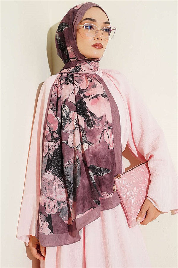 Floral Patterned Liva Crash Modal Scarf Soft Brown