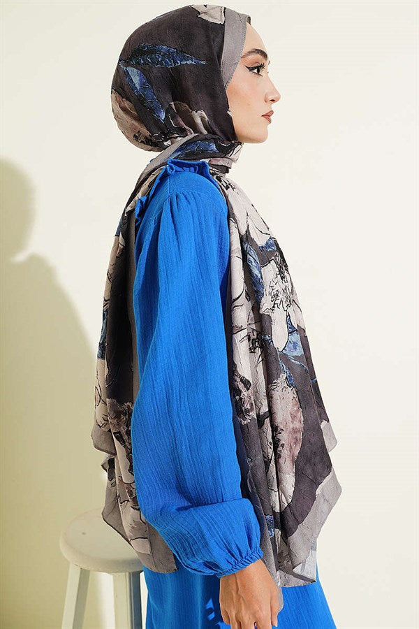 Floral Patterned Liva Crash Modal Scarf Stone Grey