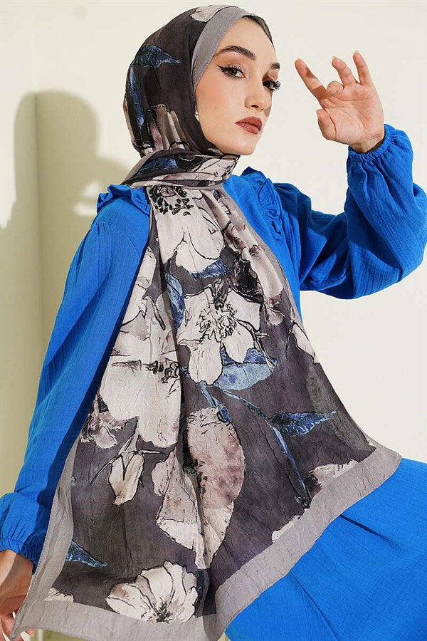 Floral Patterned Liva Crash Modal Scarf Stone Grey
