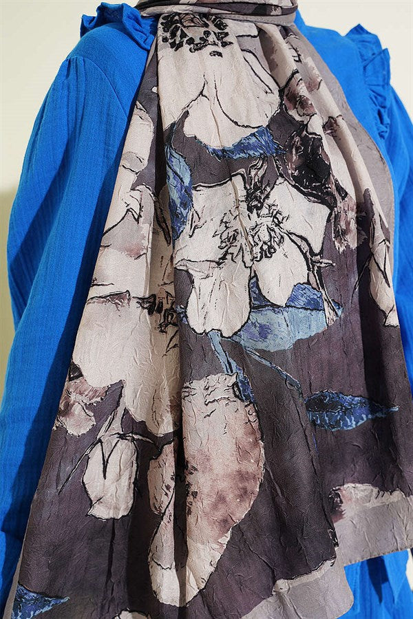 Floral Patterned Liva Crash Modal Scarf Stone Grey
