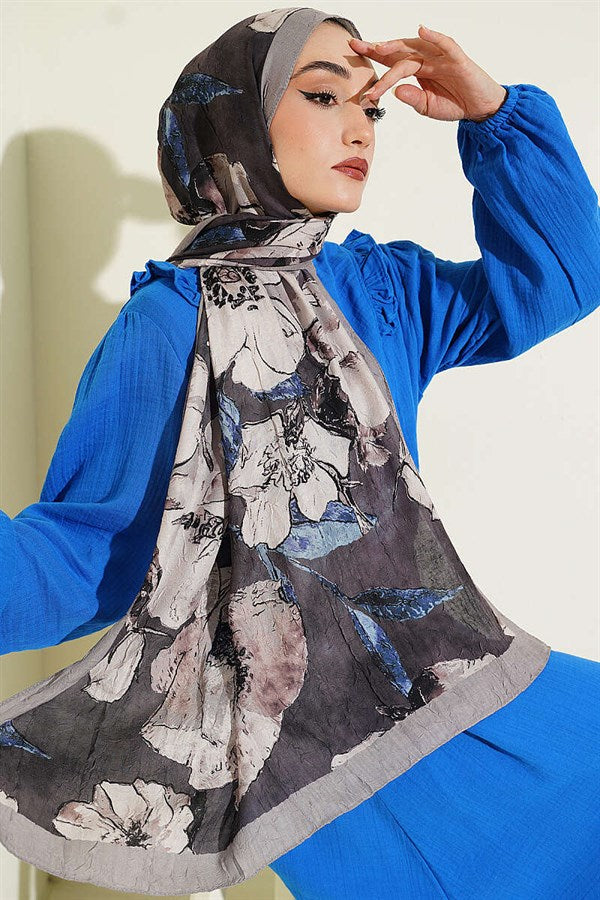 Floral Patterned Liva Crash Modal Scarf Stone Grey