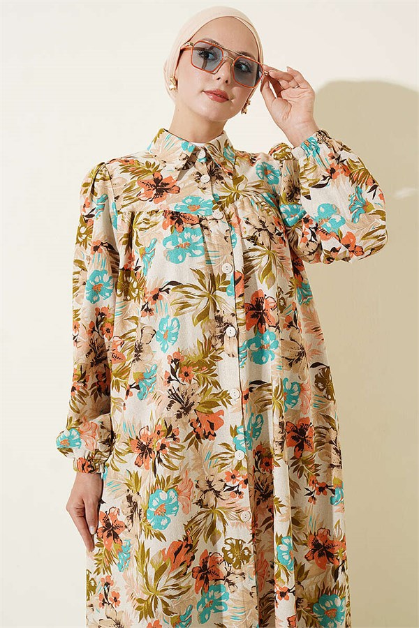 Floral Patterned Yoke Dress, Beige