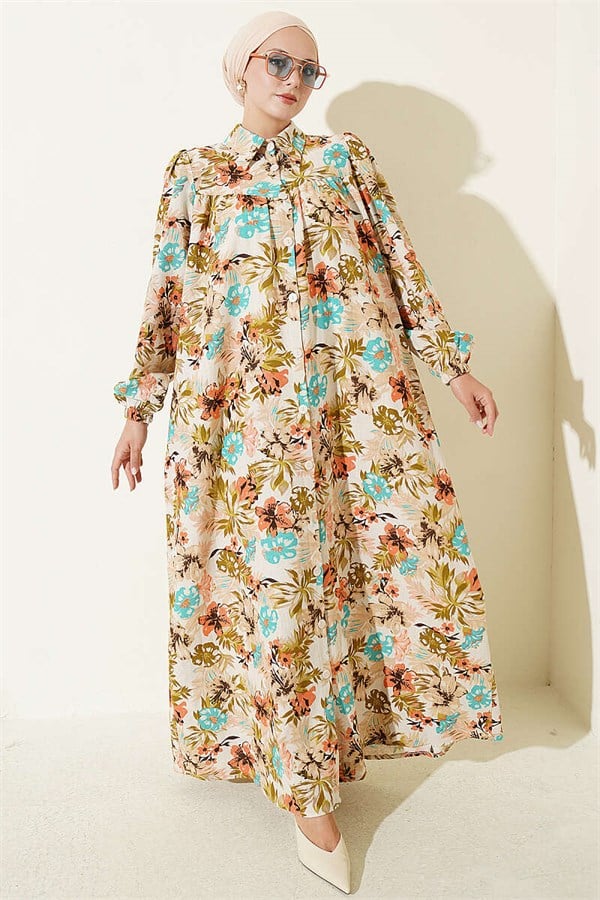 Floral Patterned Yoke Dress, Beige