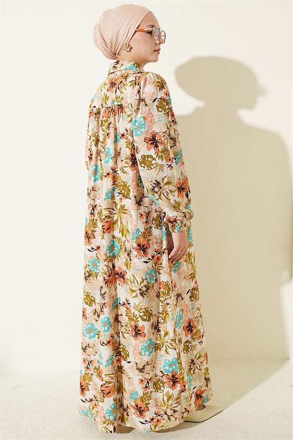 Floral Patterned Yoke Dress, Beige