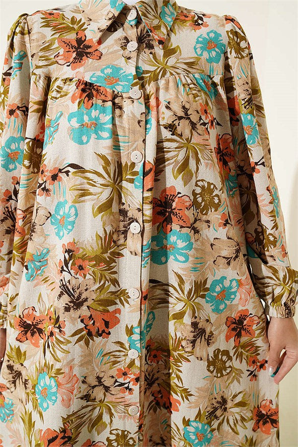 Floral Patterned Yoke Dress, Beige