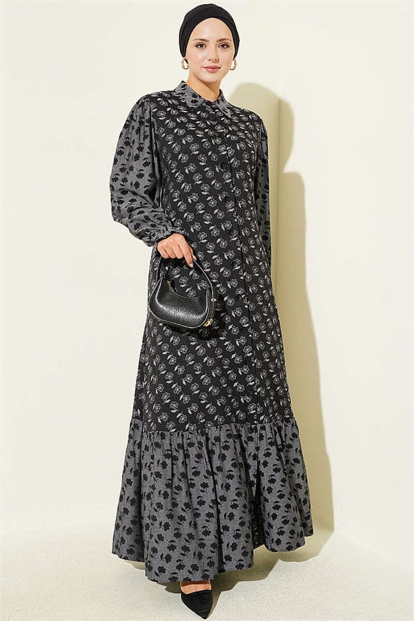 Floral Patterned Loose-Fitting Crinkle Dress, Black