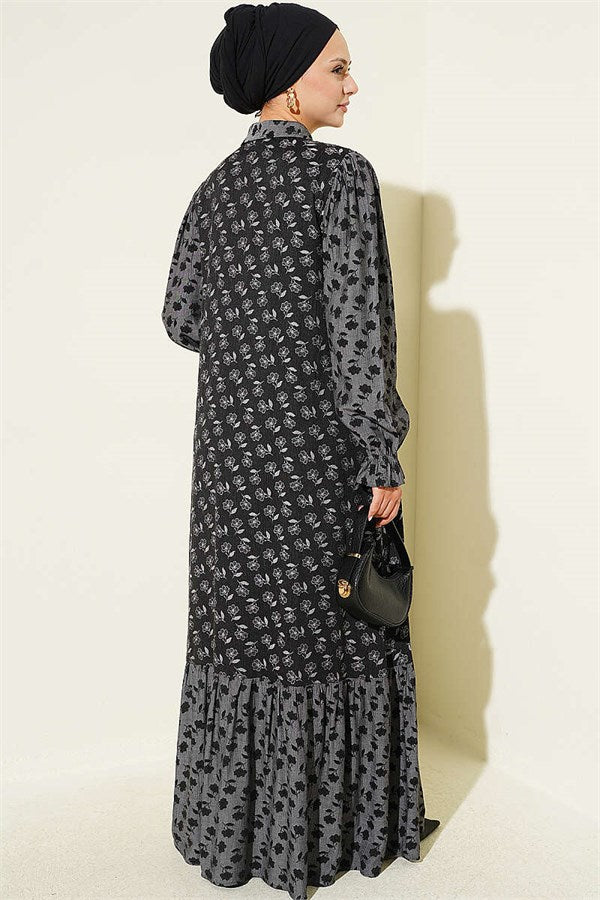 Floral Patterned Loose-Fitting Crinkle Dress, Black