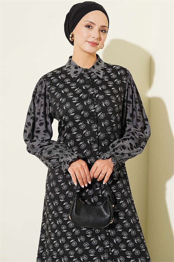 Floral Patterned Loose-Fitting Crinkle Dress, Black