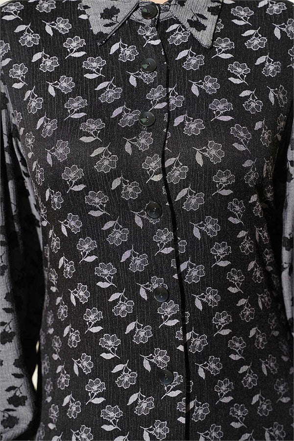Floral Patterned Loose-Fitting Crinkle Dress, Black