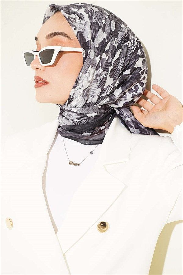 Floral Patterned Soft Scarf Anthracite