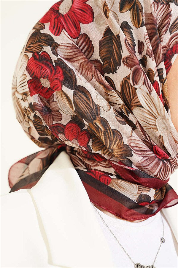 Floral Patterned Soft Scarf, Burgundy