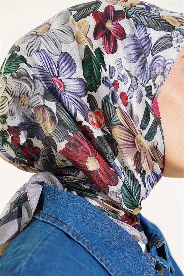 Floral Patterned Soft Scarf Grey