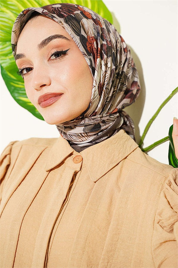 Floral Patterned Soft Scarf Khaki