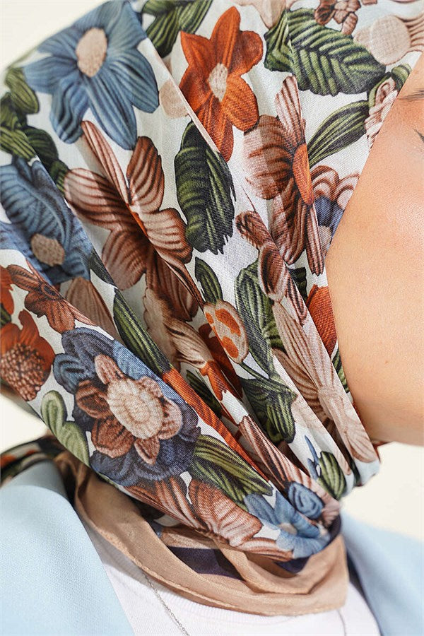 Floral Patterned Soft Scarf, Sand Beige