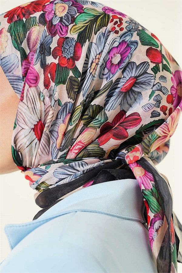 Floral Patterned Soft Scarf Black Beige