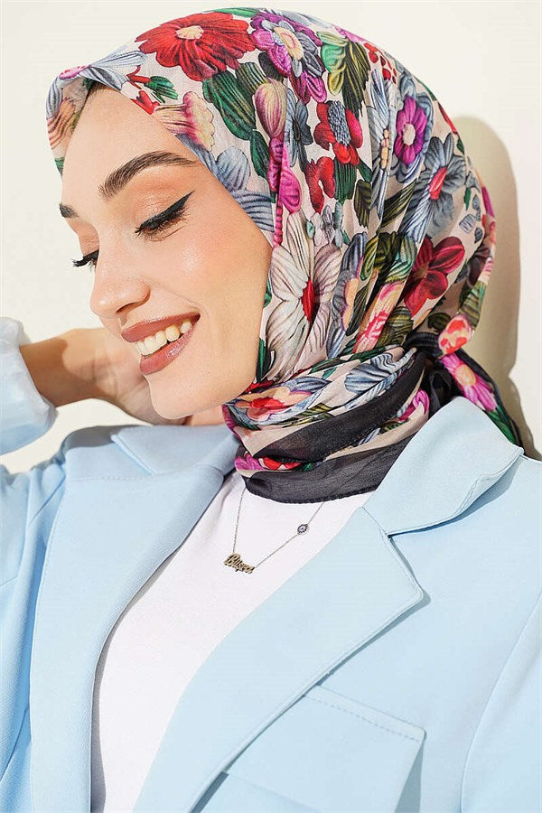 Floral Patterned Soft Scarf Black Beige