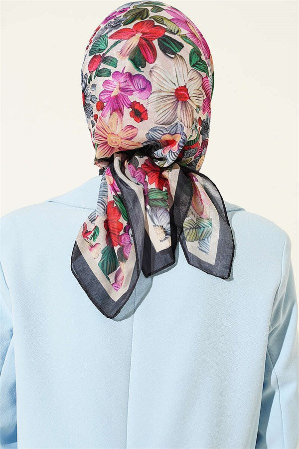 Floral Patterned Soft Scarf Black Beige