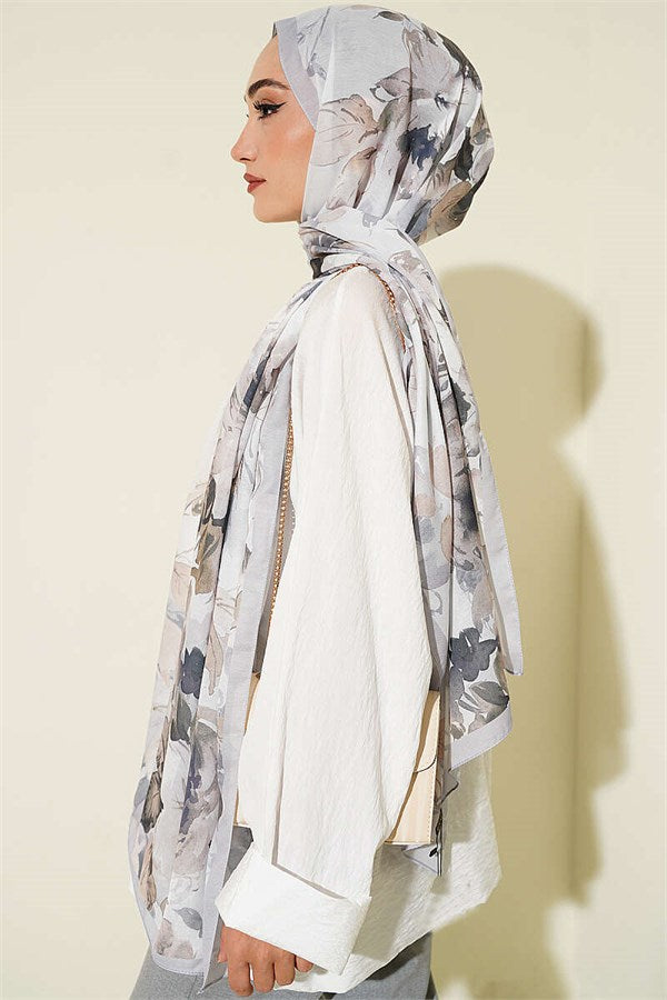 Floral Patterned Soft Scarf Grey