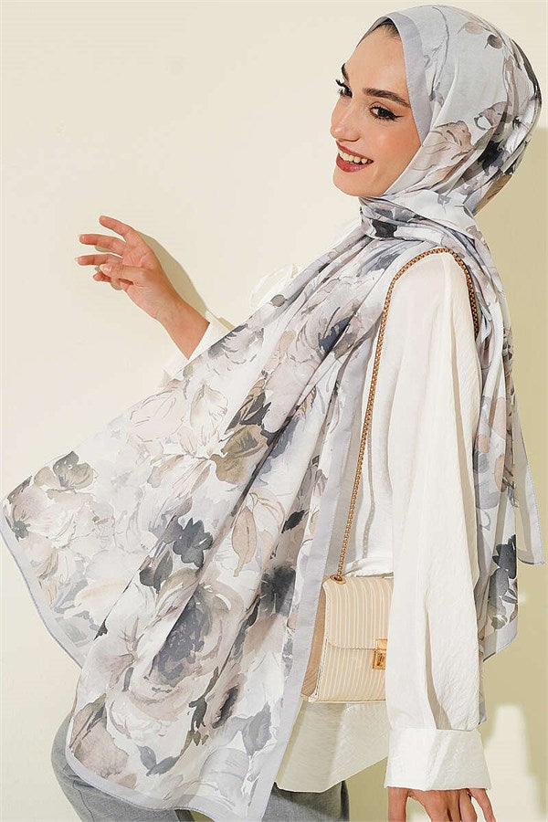 Floral Patterned Soft Scarf Grey