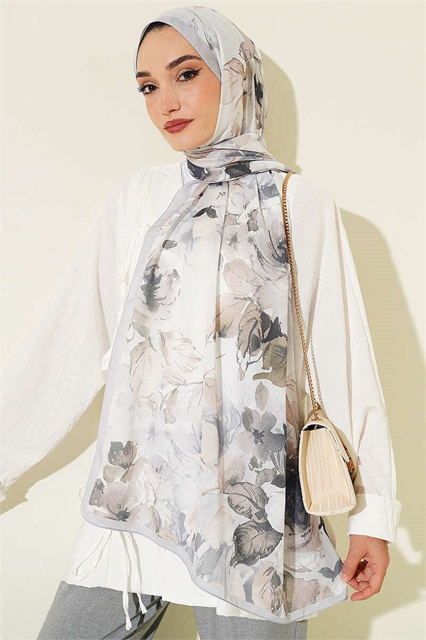 Floral Patterned Soft Scarf Grey