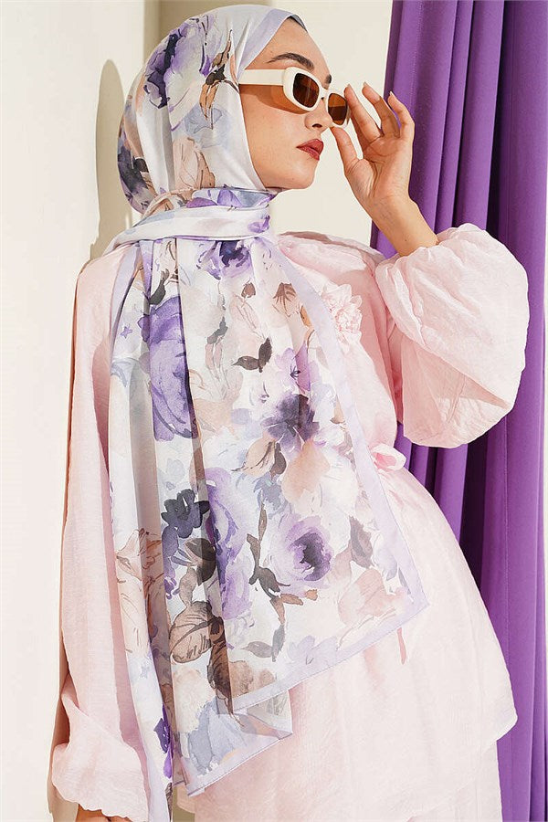 Floral Patterned Soft Scarf Lilac