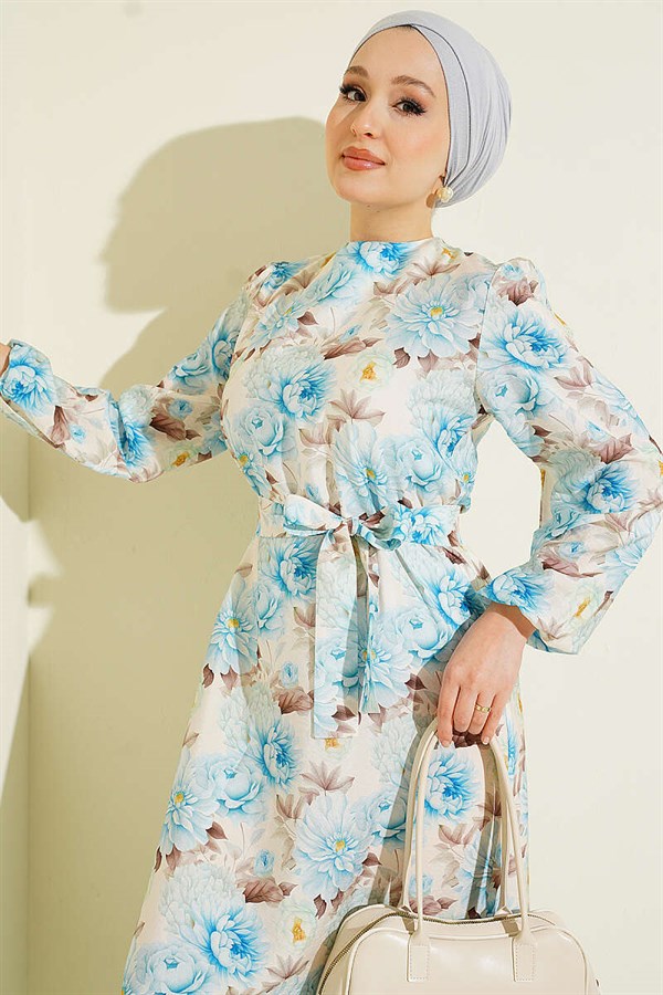 Floral Patterned Ruffled Belted Dress Baby Blue