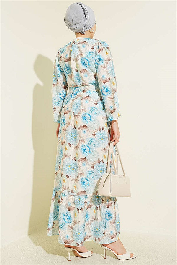 Floral Patterned Ruffled Belted Dress Baby Blue