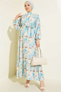 Floral Patterned Ruffled Belted Dress Baby Blue
