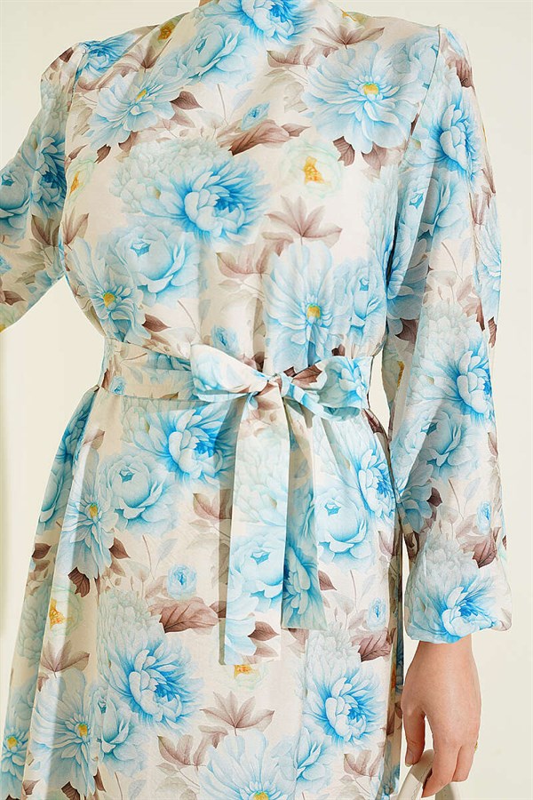 Floral Patterned Ruffled Belted Dress Baby Blue
