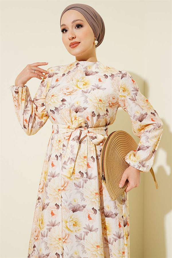 Floral Patterned Ruffled Belted Dress, Beige
