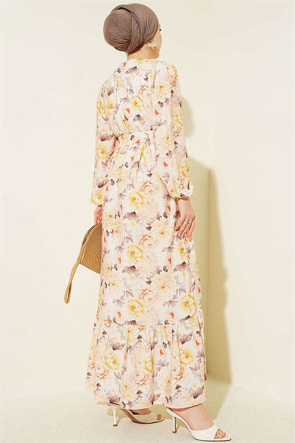 Floral Patterned Ruffled Belted Dress, Beige