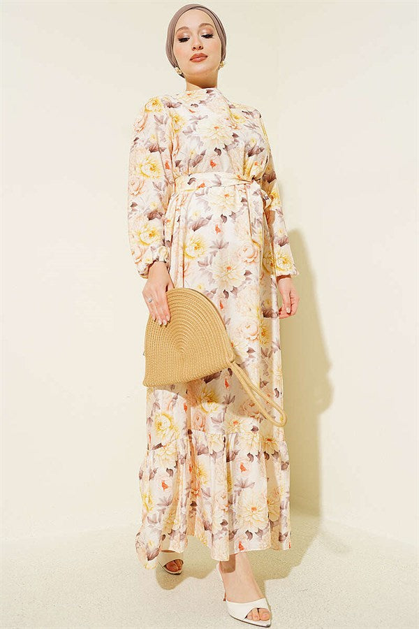 Floral Patterned Ruffled Belted Dress, Beige