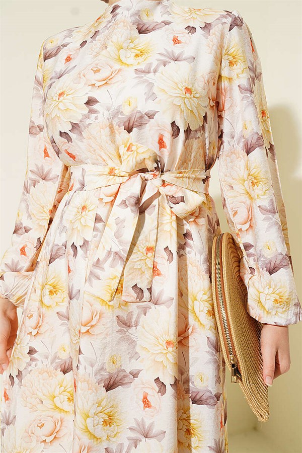 Floral Patterned Ruffled Belted Dress, Beige